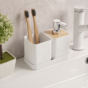 Bathroom set Ardesto Minimalism, 420ml, 3items, polypropylene, bamboo, white
