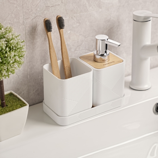 Bathroom set Ardesto Minimalism, 420ml, 3items, polypropylene, bamboo, white