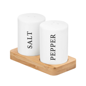 Salt and pepper set with stand Ardesto Midori, 7cm, 3psc, ceramic, bamboo, white
