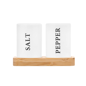 Salt and pepper set with stand Ardesto Midori, 7cm, 3psc, ceramic, bamboo, white