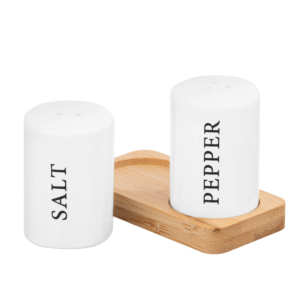 Salt and pepper set with stand Ardesto Midori, 7cm, 3psc, ceramic, bamboo, white