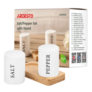 Salt and pepper set with stand Ardesto Midori, 7cm, 3psc, ceramic, bamboo, white