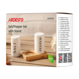 Salt and pepper set with stand Ardesto Midori, 7cm, 3psc, ceramic, bamboo, white