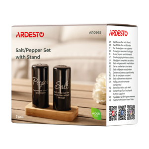 Salt and pepper set with stand Ardesto Midori, 8.5cm, 3psc, ceramic, bamboo, black