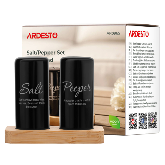 Salt and pepper set with stand Ardesto Midori, 8.5cm, 3psc, ceramic, bamboo, black