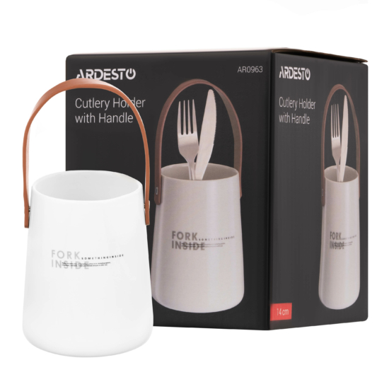 Cutlery holder with handle Ardesto, 14cm, ceramic, leather, white