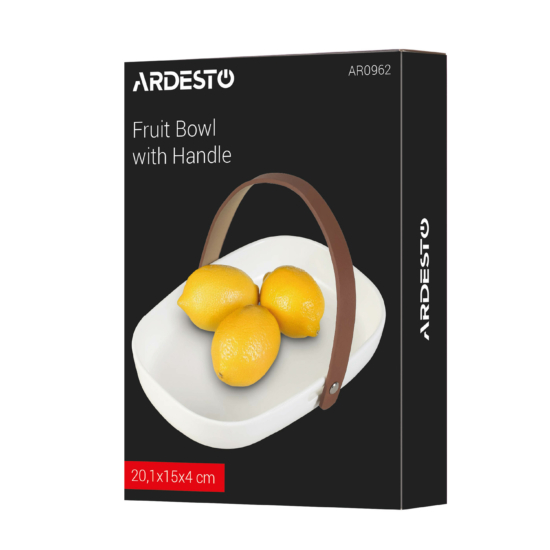 Fruit bowl with handle Ardesto, 20.1х15х4cm, ceramic, leather, white