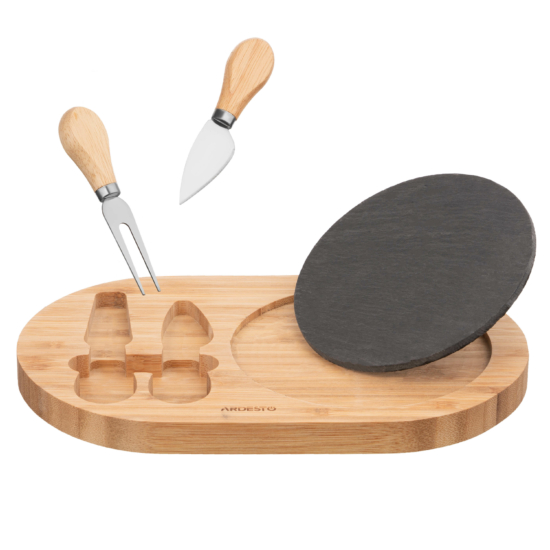 Cheese serving set Ardesto Midori, 3psc, with slate board, 29?18cm, bamboo, wood, stainless steel