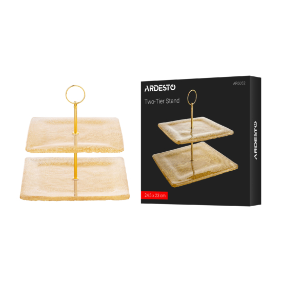 Блюдо 2-х ярусное ARDESTO Golden ice 24.5х23см, стекло, маталл, квадратная, золотистый