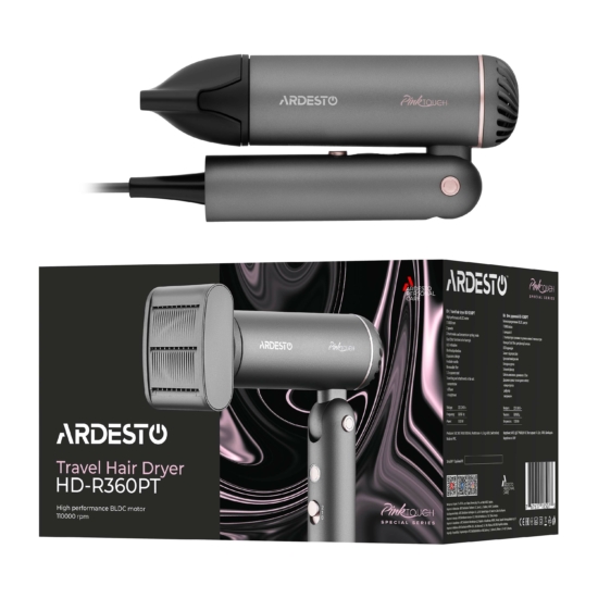 Фен ARDESTO Pink Touch, 1300Вт, 2 скорости, 3 темп.режима, складная ручка, дорожная сумка, серый+розовый