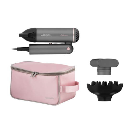 Фен ARDESTO Pink Touch, 1300Вт, 2 скорости, 3 темп.режима, складная ручка, дорожная сумка, серый+розовый