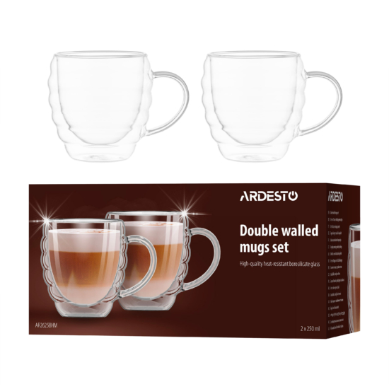 ARDESTO Double wall mug set with handle ARDESTO 250ml, 2pcs, borosilicate glass, transparent