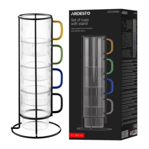Set of cups with stand ARDESTO 350ml, 4pcs, borosilicate glass, transparent