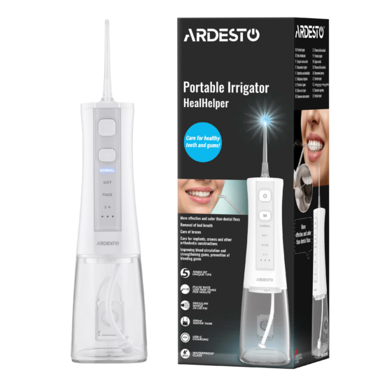 Іригатор ARDESTO портативний, чаша 300 мл, Li-ion акум., в компл. чохол, 6 насадок,USB-C > USB-A, білий