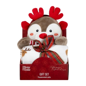 Set ARDESTO Christmas Deer set 2 items: blanket 90x75cm, decor. toy 24cm, 100% polyester, grey
