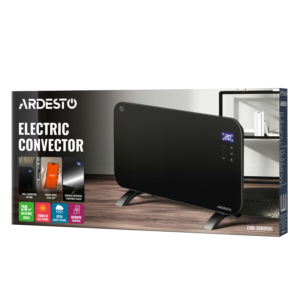 Convector heater ARDESTO CHH-2000EBG 20 m2, 2000W, Wi-Fi, electronic control, remote control, closed heating element, display, programmable, timer, IP24, glass, black