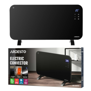 Convector heater ARDESTO CHH-2000EBG 20 m2, 2000W, Wi-Fi, electronic control, remote control, closed heating element, display, programmable, timer, IP24, glass, black