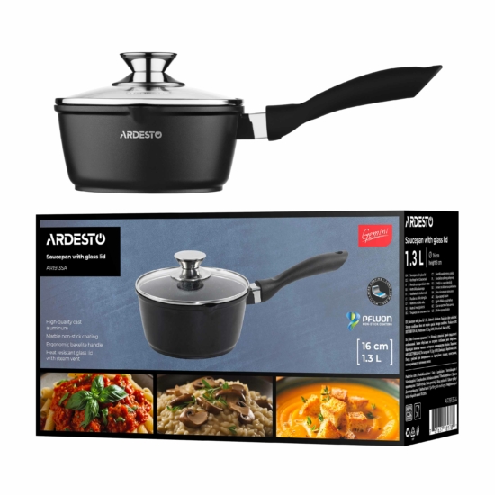 Saucepan with glass lid ARDESTO Gemini Lazio, 1.3l, aluminum, black