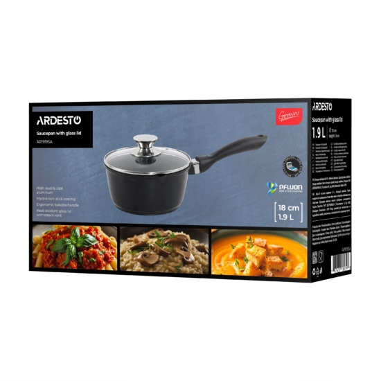 Saucepan with glass lid ARDESTO Gemini Lazio, 1.9l, aluminum, black