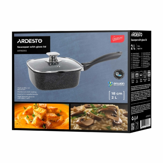 Ковш со стеклянной крышкой ARDESTO Gemini Piemonte, 2л, алюминий, квадратная, черный