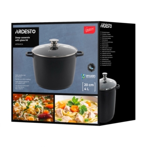 Deep Casserole with glass lid ARDESTO Gemini Lazio, 4l, aluminum, black