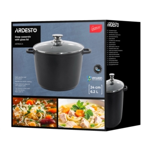 Deep Casserole with glass lid ARDESTO Gemini Lazio, 6.2l, aluminum, black