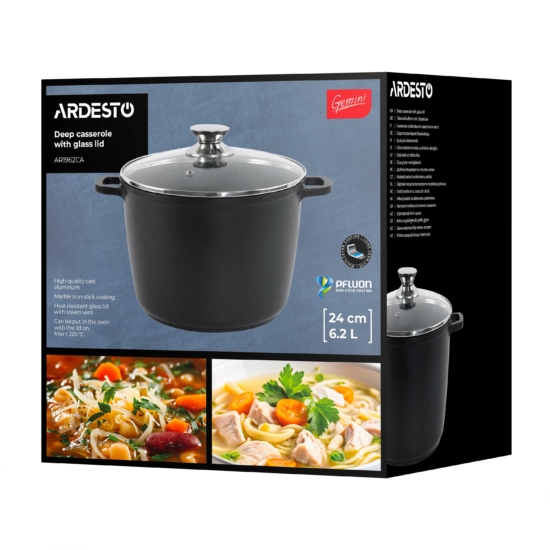 Кастрюля со стеклянной крышкой глубокая ARDESTO Gemini Lazio, 6.2л, алюминий, черный