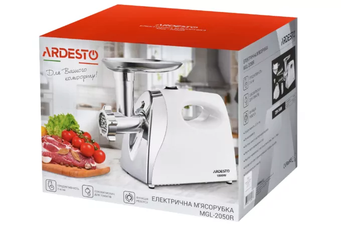 Ardesto meat grinder, 1800W, 2kg/min, 3 cutting plates, sausages nozzle, tomato juicer, plastik, white-silver