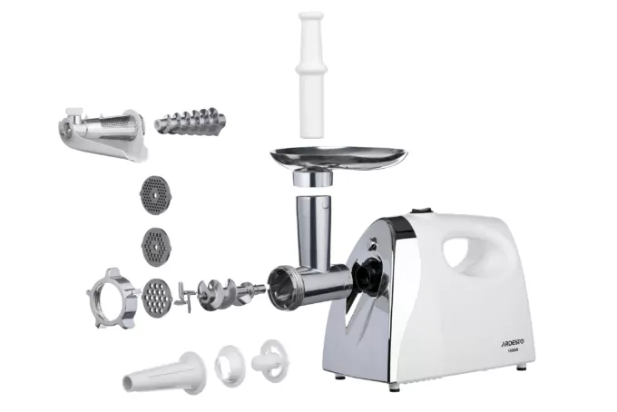 Ardesto meat grinder, 1800W, 2kg/min, 3 cutting plates, sausages nozzle, tomato juicer, plastik, white-silver