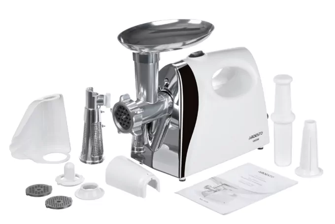 Ardesto meat grinder, 1800W, 2kg/min, 3 cutting plates, sausages nozzle, tomato juicer, plastik, white-silver