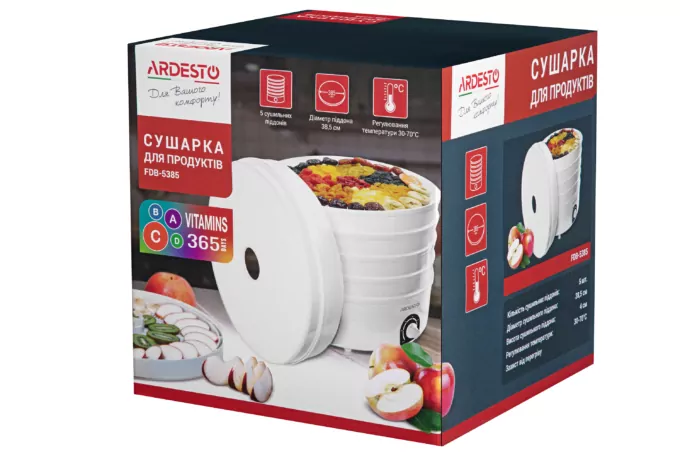 Сушка для продуктов  Ardesto FDB-5385, 520Вт, поддонов -5×4см, диаметр-38,5см, макс-70°С, рег.темп, пластик, белый
