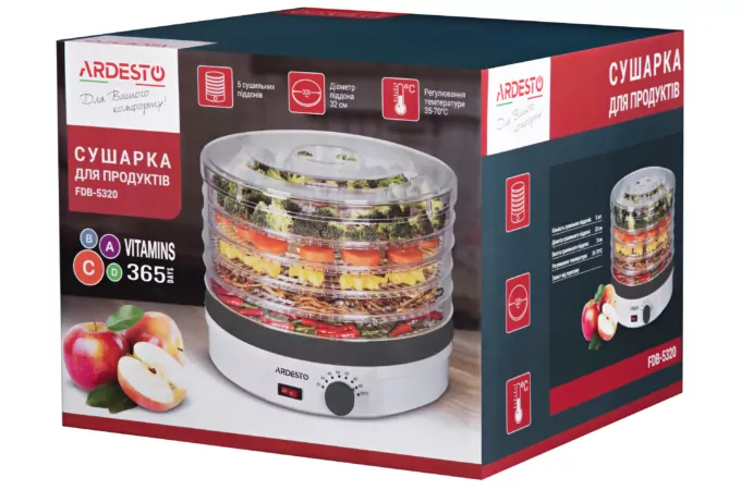 Сушка для продуктов  Ardesto FDB-5320, 245Вт, поддонов -5×3см, диаметр-32см, макс-70°С, рег.темп, пластик, белый