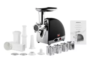 Мясорубка Ardesto, 1800Вт, 2кг/мин, 3 решетки, насадка для колбас, кеббе, 4 терки, пластик, черно-серебристый