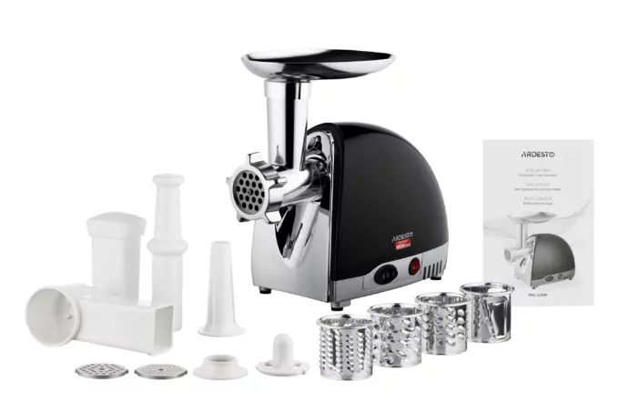 Мясорубка Ardesto, 1800Вт, 2кг/мин, 3 решетки, насадка для колбас, кеббе, 4 терки, пластик, черно-серебристый