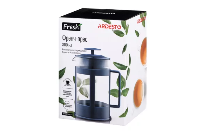 French press ARDESTO Fresh, 800ml, borosilicate glass, plastic, transparent, blue