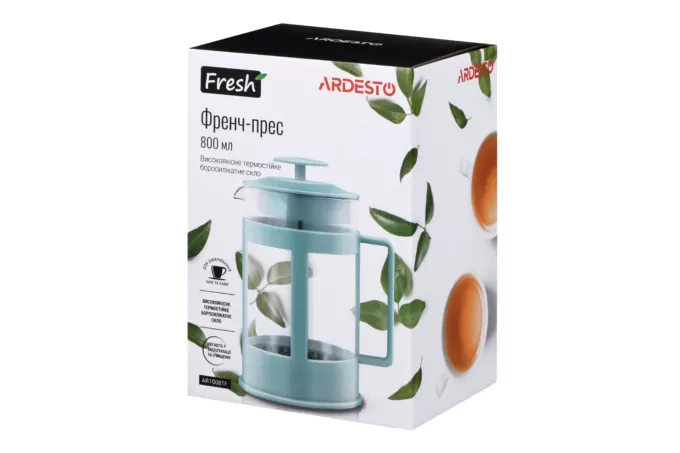 Френч-пресс ARDESTO Fresh, 800мл, боросиликаное стекло, пластик, прозрачный, голубой