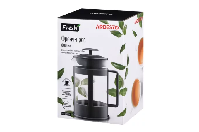 Ardesto French press Fresh, 800ml, borosilicate glass, plastic, transparent, gray