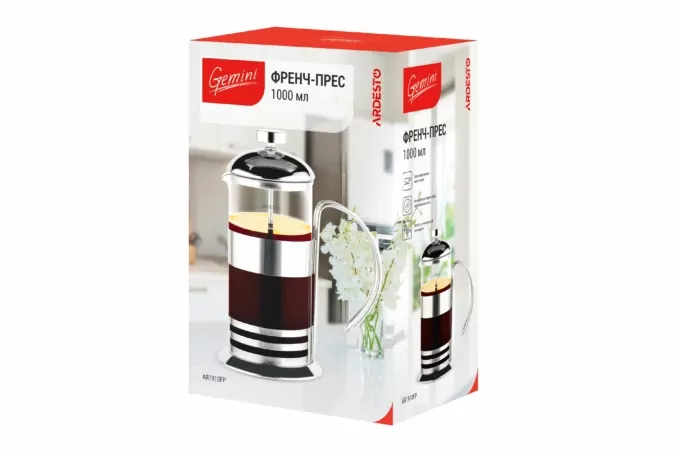 French press ARDESTO Gemini Asti, 1000ml, borosilicate glass, stainless steel, transparent