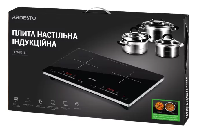 Плитка настольная Ardesto индукционная, конф. — 2 на 1.3кВт и 1.8кВт горизонт., управл. — сенсорное, таймер, boost, черный