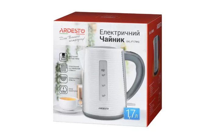 Електрочайник Ardesto White stripes 1.7л, Strix, пластик, біло-сірий