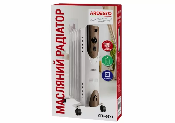 Масляный радиатор ARDESTO, 15м2, 1500Вт, мех. упр-ние, 7 секций, белый