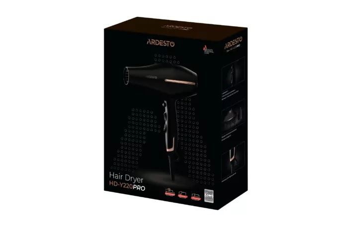 Фен Ardesto  HD-Y220PRO, 1850-2200Вт, 2 скорости,3 темп. режима, диффузор,черный+золото