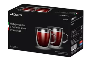 Набор чашек с ручками с двойными стенками Ardesto, 310мл, 10.2см, 2шт, боросиликатное стекло, прозрачный