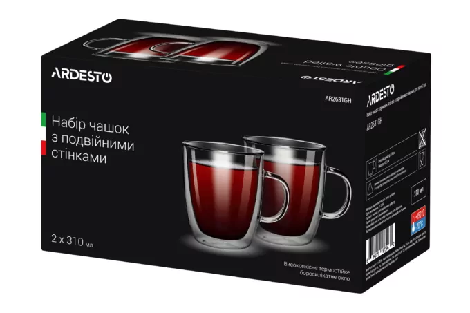 Набор чашек с ручками с двойными стенками Ardesto, 310мл, 10.2см, 2шт, боросиликатное стекло, прозрачный