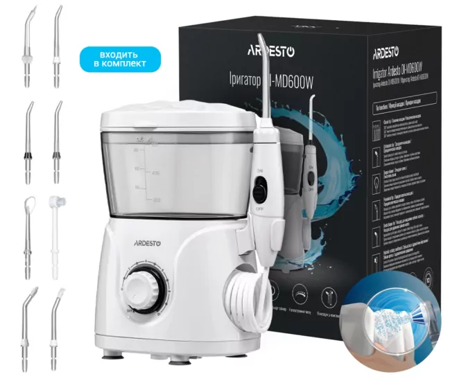 Ardesto irrigator portable, cup 600 ml, 8 nozzles, white