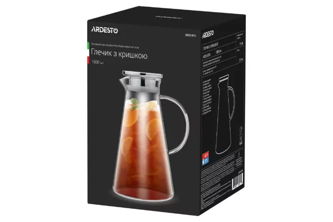 Кувшин с крышкой Ardesto, 1800мл, боросиликатное стекло, нержавеющая сталь, прозрачный