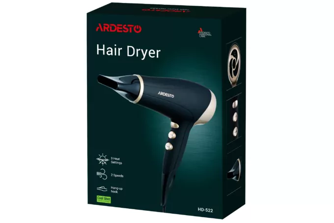 Фен Ardesto  Gemini HD-522, 1800-2200Вт, 2 швидкості, 3 темпер. режими , функція Cool Shot, чорний