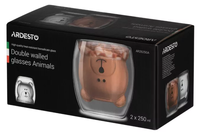 Double wall mug set ARDESTO Animals, 250ml, 2pcs, borosilicate glass, transparent