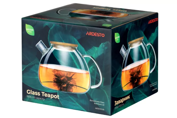 Ardesto Teapot Midori, 1500ml, borosilicate glass, bamboo, transparent