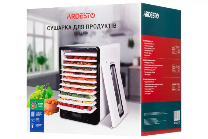 Сушарка для продуктів Ardesto 550Вт, піддонів – 10+1×3см, макс – 70°С, сітка для ягід, пластик, білий